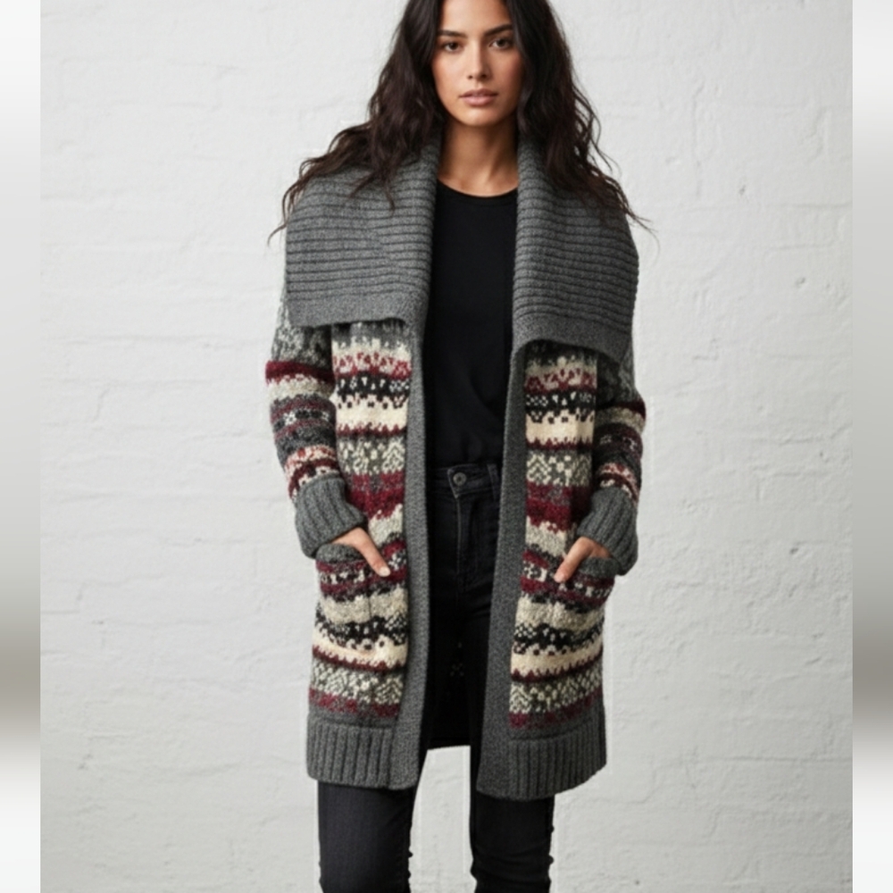 Bob Timberlake Cardigan Wool Toggle Preppy Winter Cabin Gray Maroon L